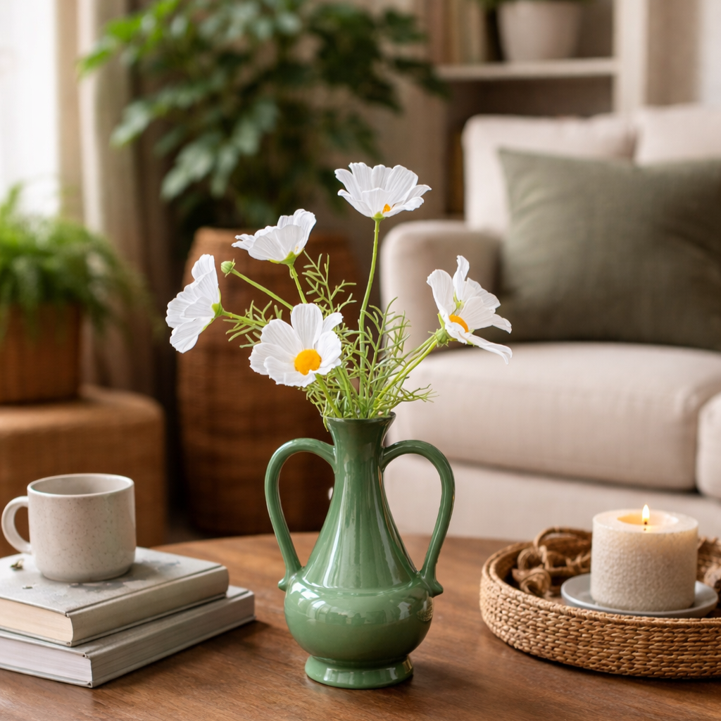 Glossy green ceramic vase with dual handles holding white cosmos flowers, styled on a wooden coffee table with books, candle, and mug in a cozy living room setting.