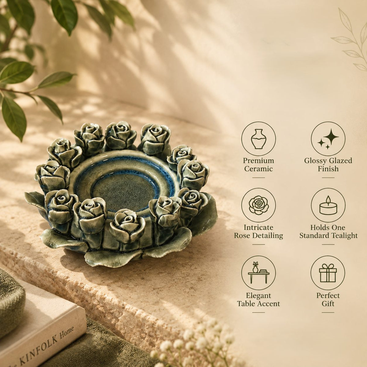 Features of the handcrafted green ceramic rose tealight holder including premium ceramic, glossy glaze, intricate rose detailing, elegant table décor, and gift-ready design.