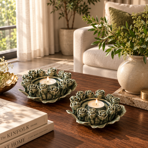 Green ceramic rose tealight holder with a lit tealight candle styled on a luxury wooden coffee table in a modern living room.