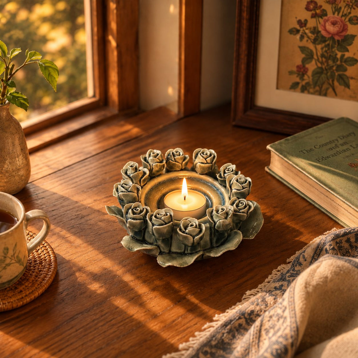 Green ceramic rose tealight holder with a lit tealight candle creating a warm ambiance on a wooden table beside a window.