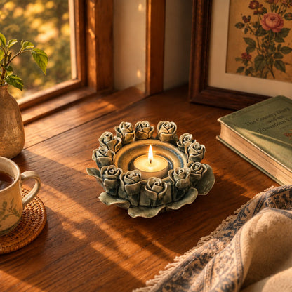 Green ceramic rose tealight holder with a lit tealight candle creating a warm ambiance on a wooden table beside a window.