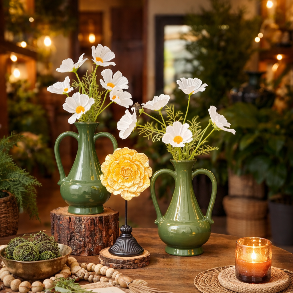 Lifestyle setup featuring glossy green ceramic vases with white cosmos flowers, styled on a rustic wooden table with a golden rose accent, candle, and cozy home décor elements.