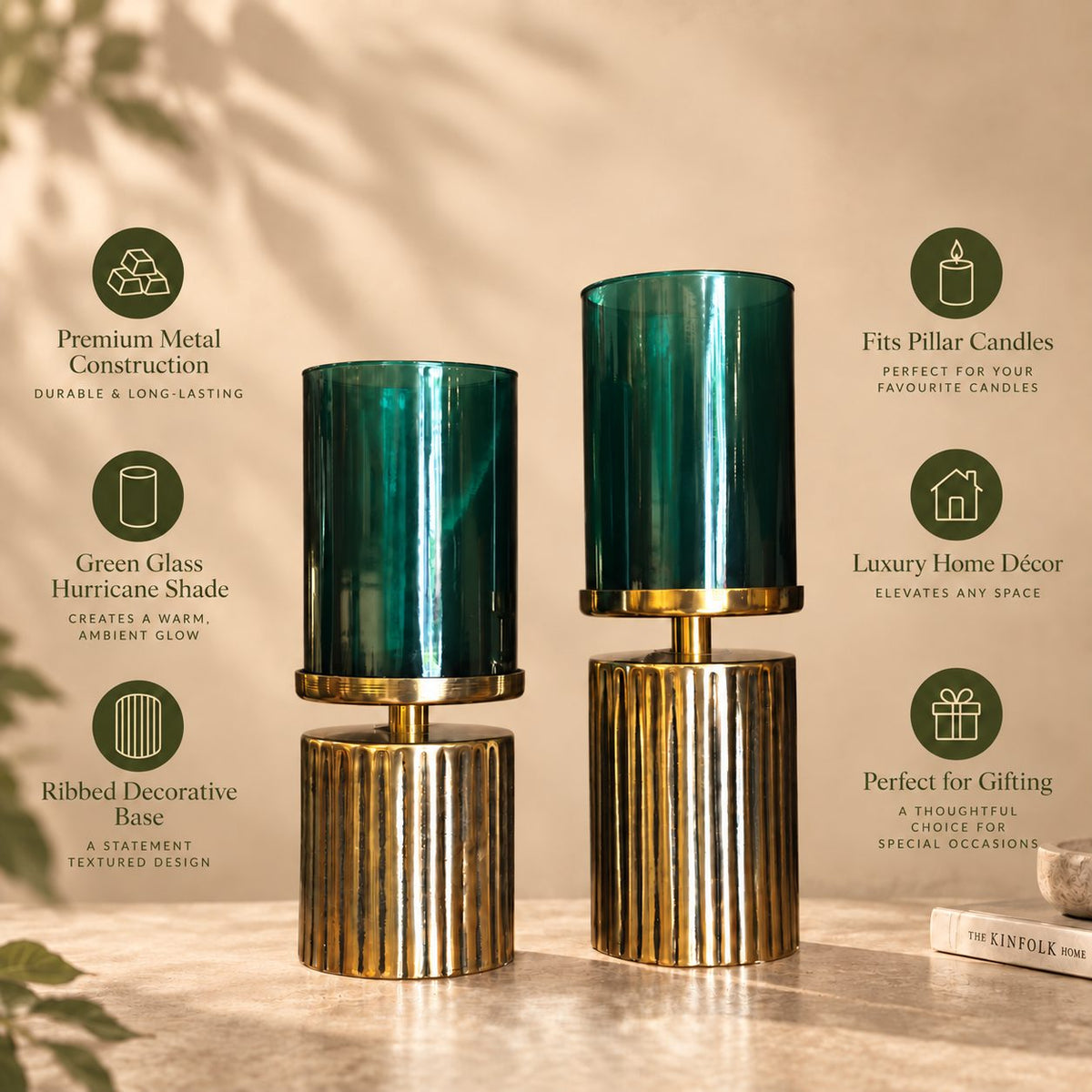 Feature infographic highlighting the premium metal construction, green glass hurricane shade, ribbed decorative base, pillar candle compatibility, luxury décor styling, and gifting appeal of the candle holder set.