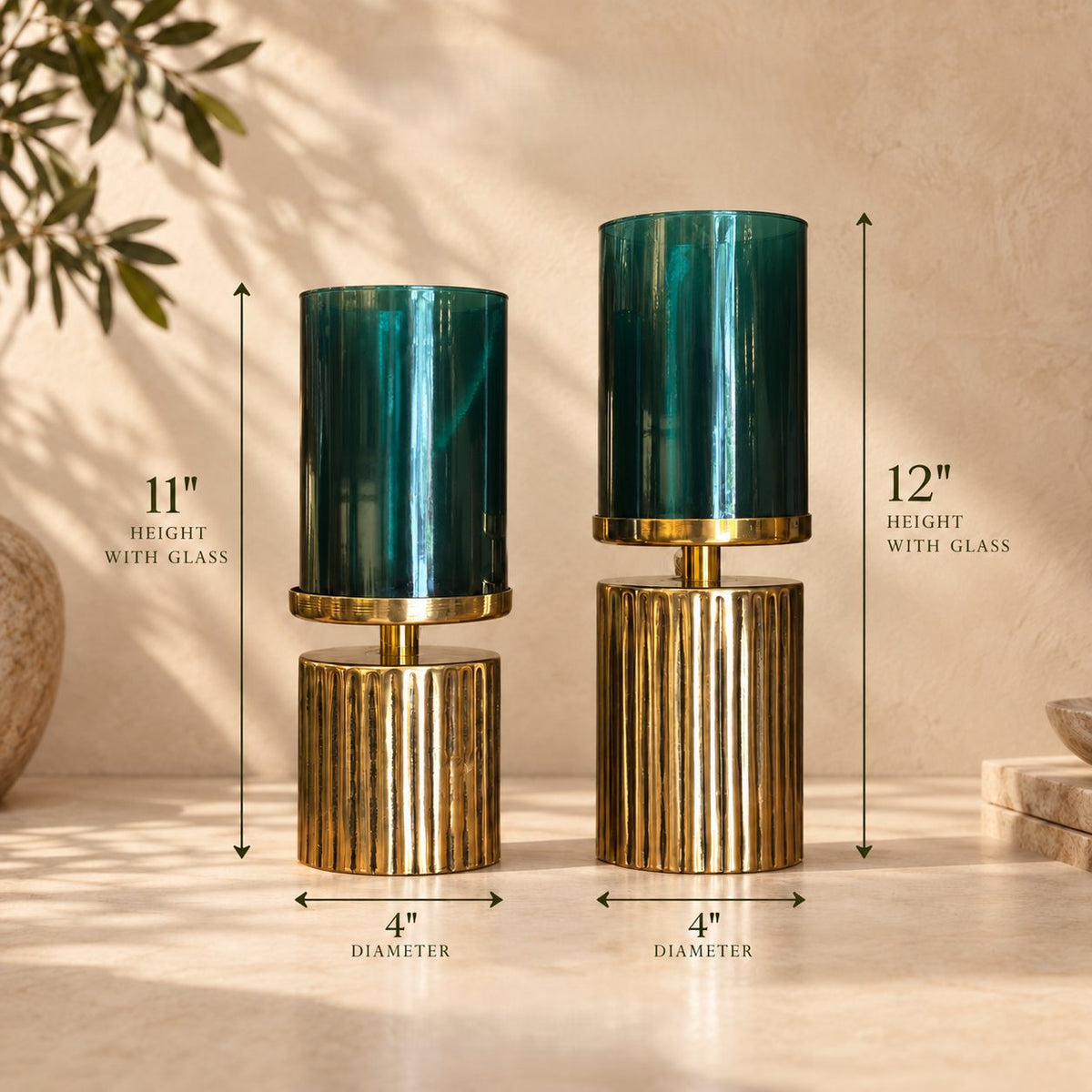 Dimensions of the green glass hurricane candle holder set showing 11-inch and 12-inch heights with 4-inch diameter glass shades.