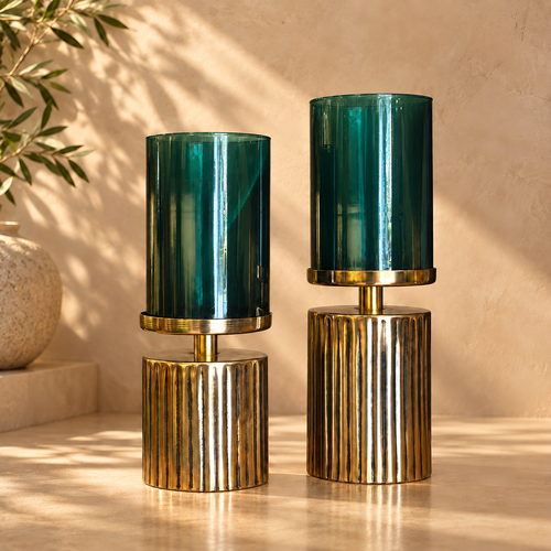 Antique Gold Ribbed Candlestand - Green