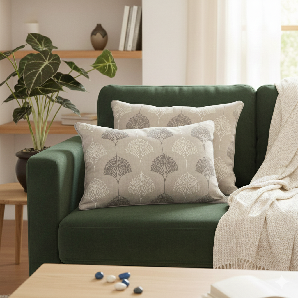 Grey & White Embroidery Cushion Cover 12 x 18 – close-up detail view | INARA