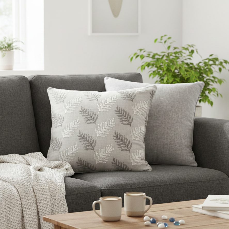 Grey & White Leaf Cushion Cover 18 x 18 – close-up detail view | INARA
