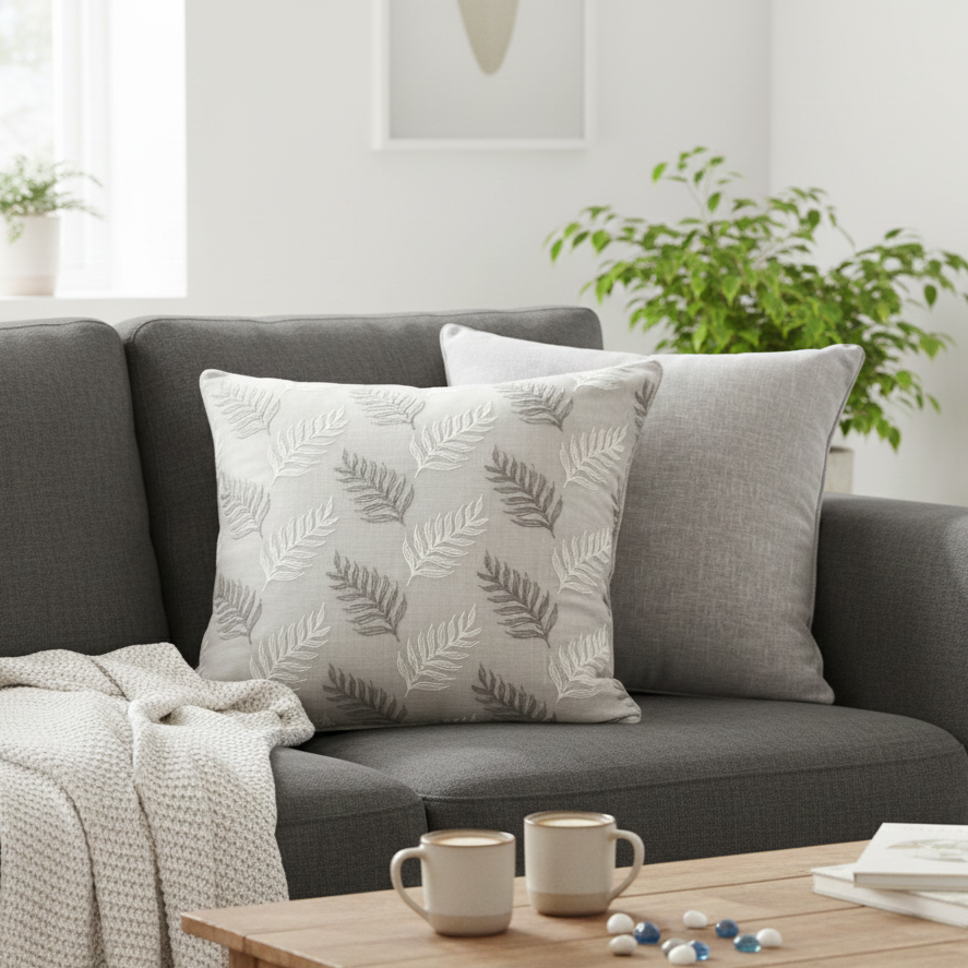 Grey & White Leaf Cushion Cover 18 x 18 – close-up detail view | INARA