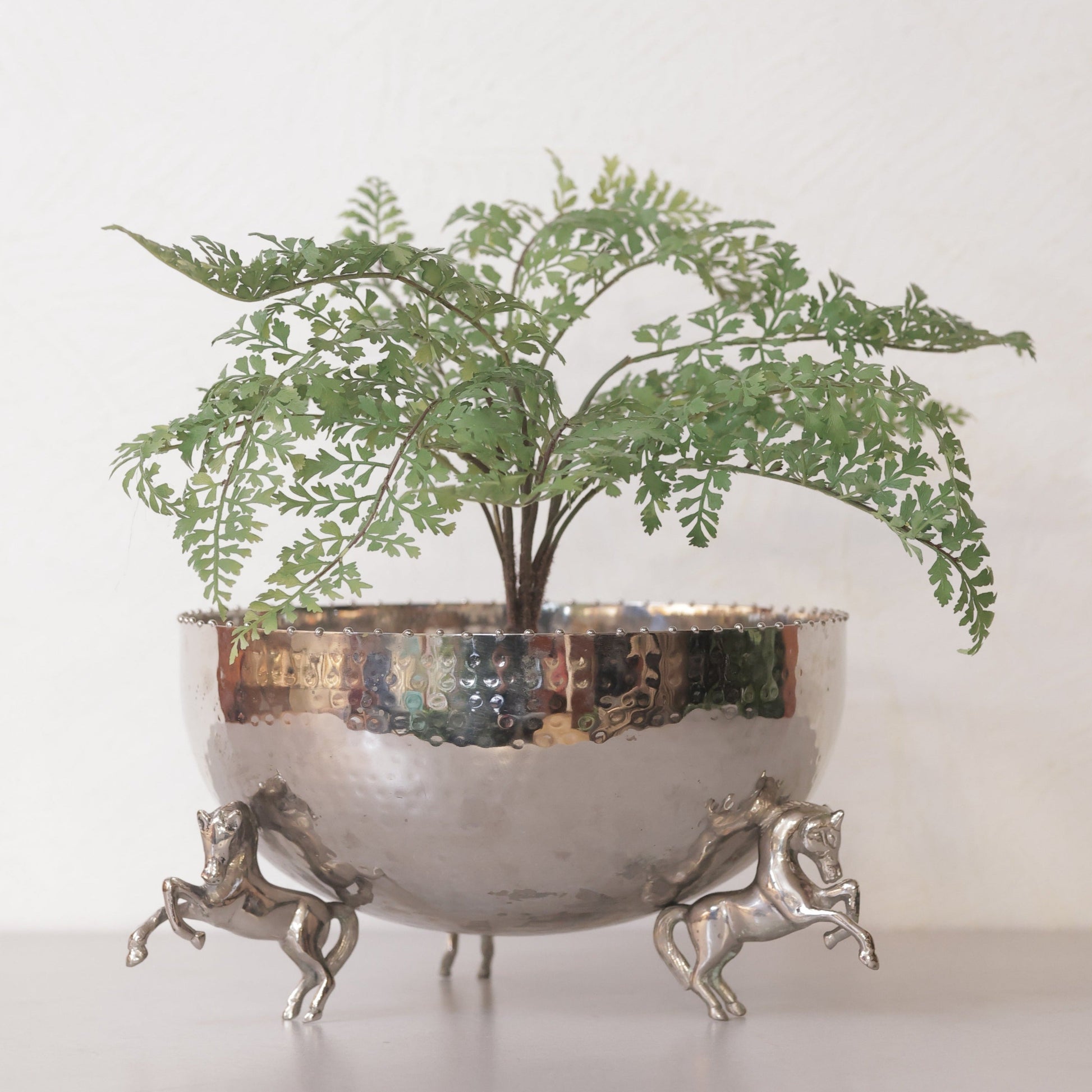 A luxury hammered silver bowl supported by rearing horse pedestals, styled as a planter with a lush green fern against a neutral white wall.