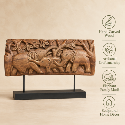 Hand-carved wooden elephant family home decor featuring artisanal craftsmanship and a sculptural design.