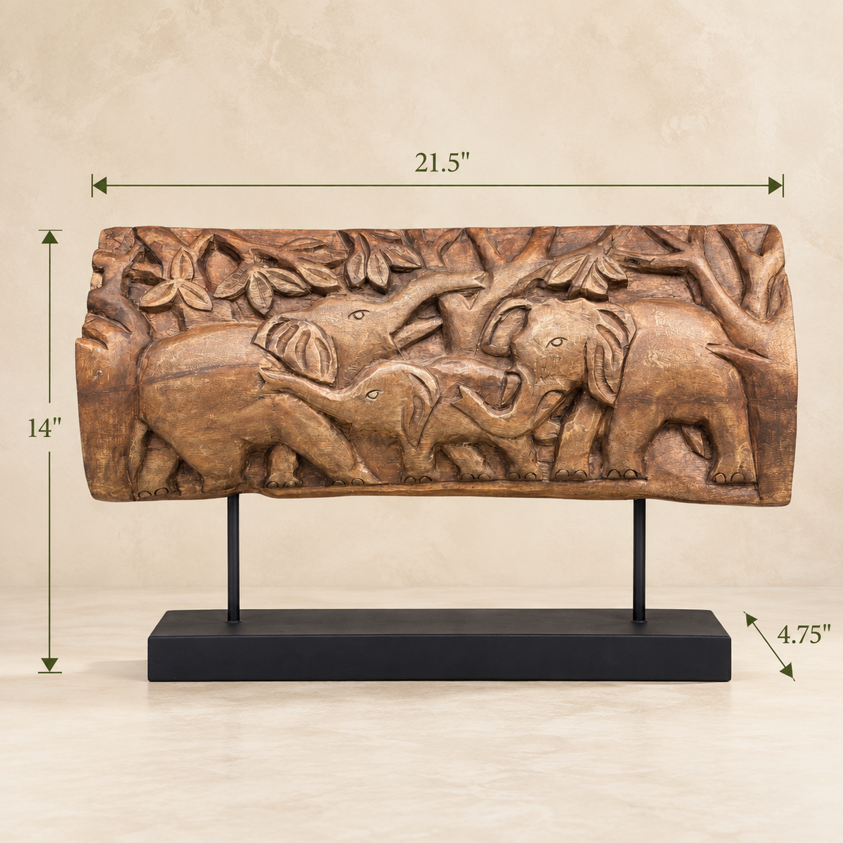 Hand-carved wooden elephant family panel measuring 21.5 inches wide, 14 inches high and 4.75 inches deep.