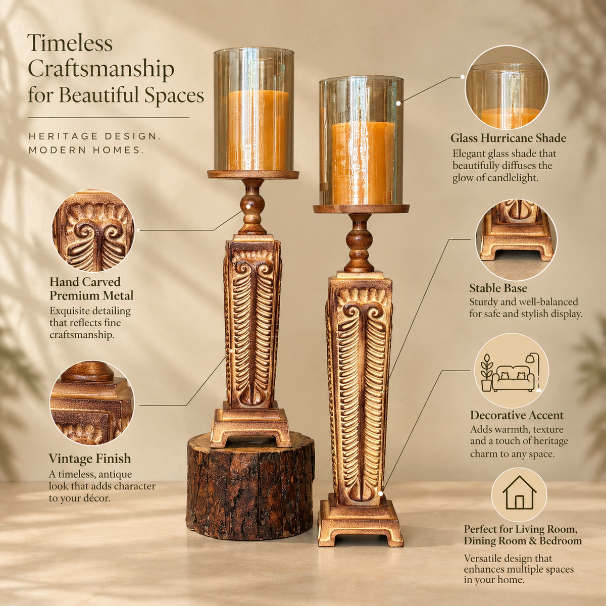 Feature infographic highlighting the hand-carved craftsmanship, antique finish, glass hurricane shade, stable base, and decorative styling of the wooden candle holder set.