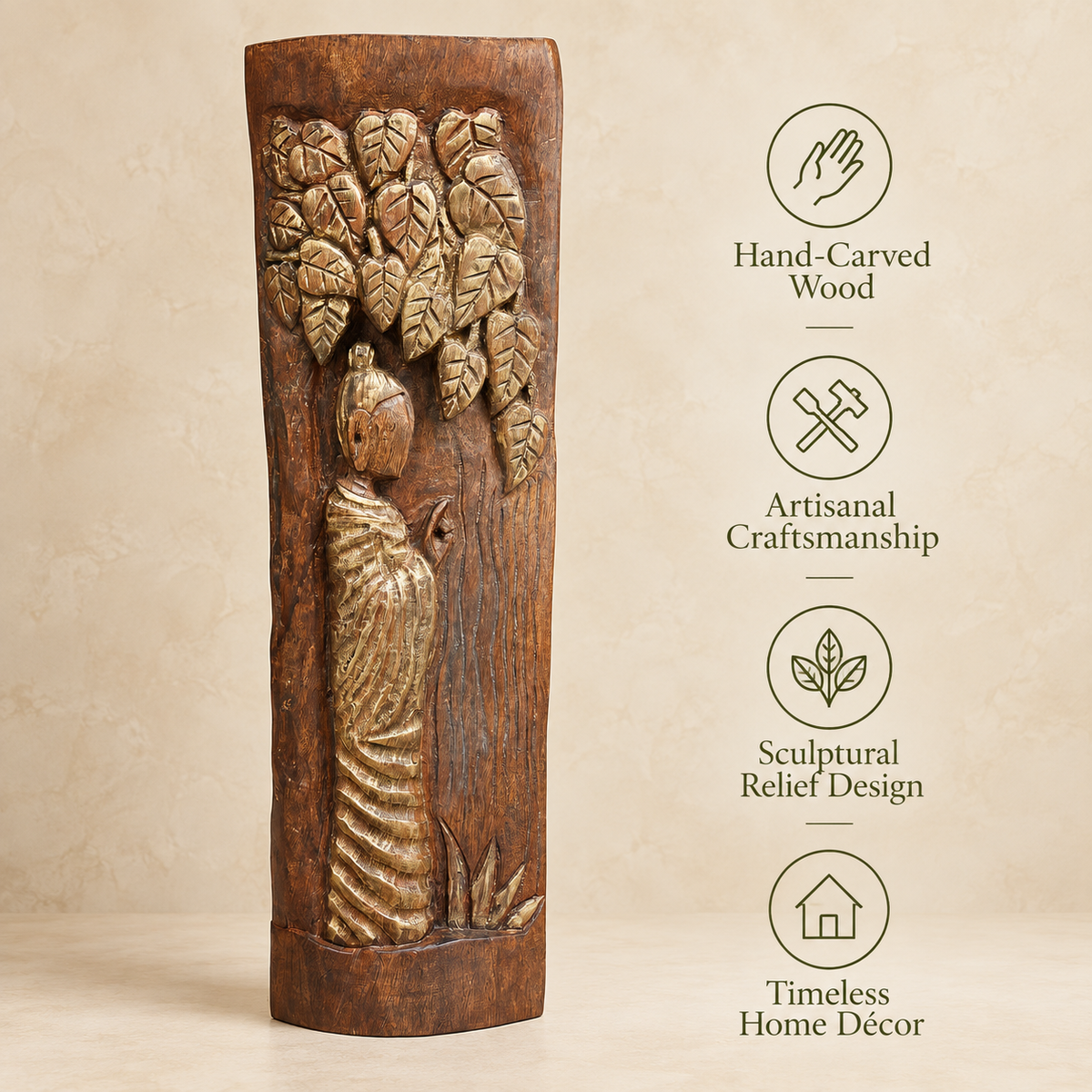 Hand-carved wooden decorative sculpture with antique gold-toned relief detailing, artisanal craftsmanship and sculptural design by Inara Home Decor.