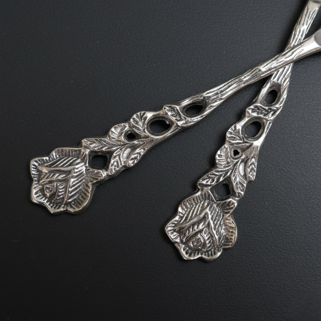 A high-resolution close-up of two silver spoons crossed over each other, highlighting the detailed embossed rose and leaf pattern on the vintage-style handles.
