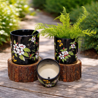 Hand-painted black ceramic floral planters with white flowers and butterfly detailing displayed on rustic wooden bases with a green fern in natural outdoor light.