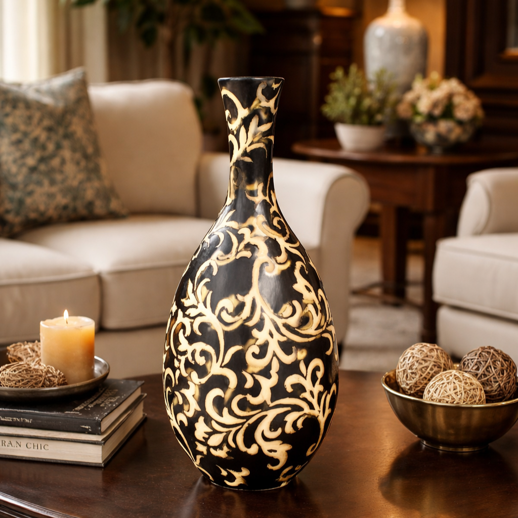 Hand-painted black and gold ceramic vase with intricate floral detailing placed on a wooden coffee table in a luxury living room setting with candle and decorative accents.