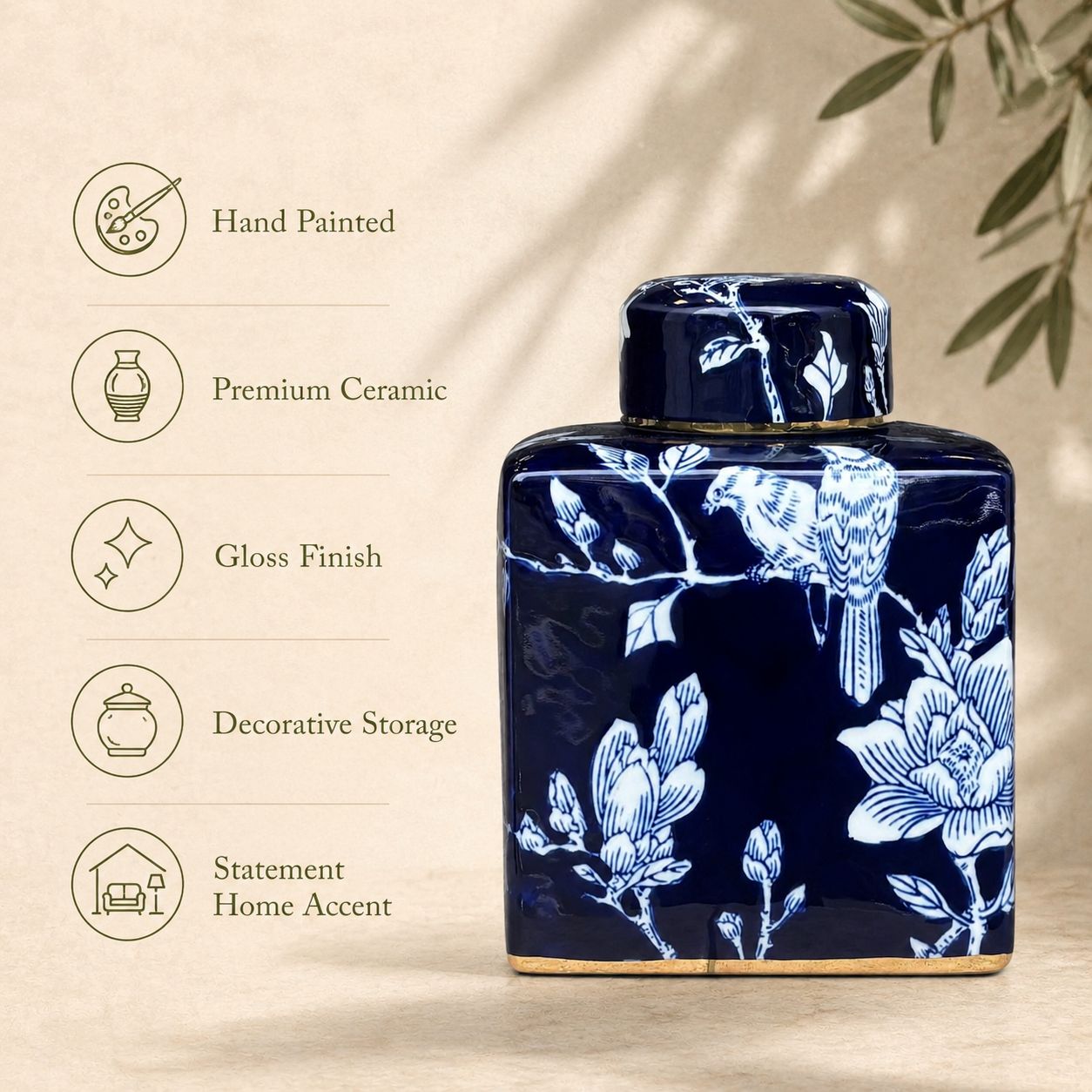 Hand-painted blue and white ceramic ginger jar highlighting premium ceramic, glossy finish, decorative storage, and statement home décor features.