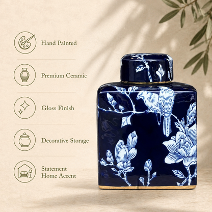 Hand-painted blue and white ceramic ginger jar highlighting premium ceramic, glossy finish, decorative storage, and statement home décor features.