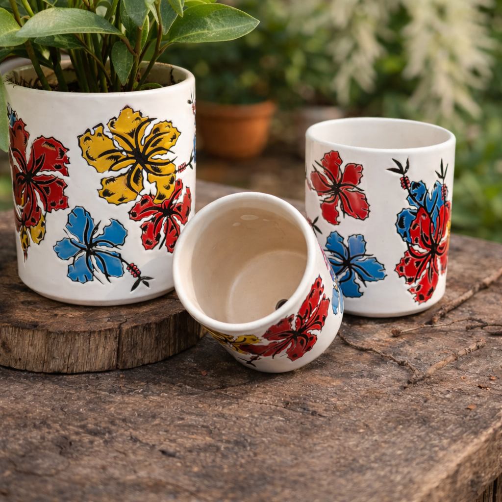 Close-up lifestyle image of hand-painted ceramic planters with colorful hibiscus floral designs in red, blue, and yellow, highlighting the intricate detailing and craftsmanship on a rustic wooden tabletop.
