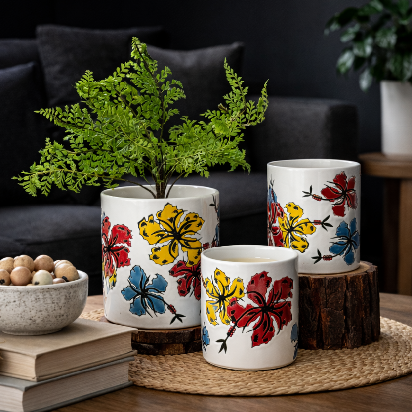 Set of three hand-painted ceramic floral planters with green plant on a wooden coffee table in a living room with dark sofa and wall in natural light.