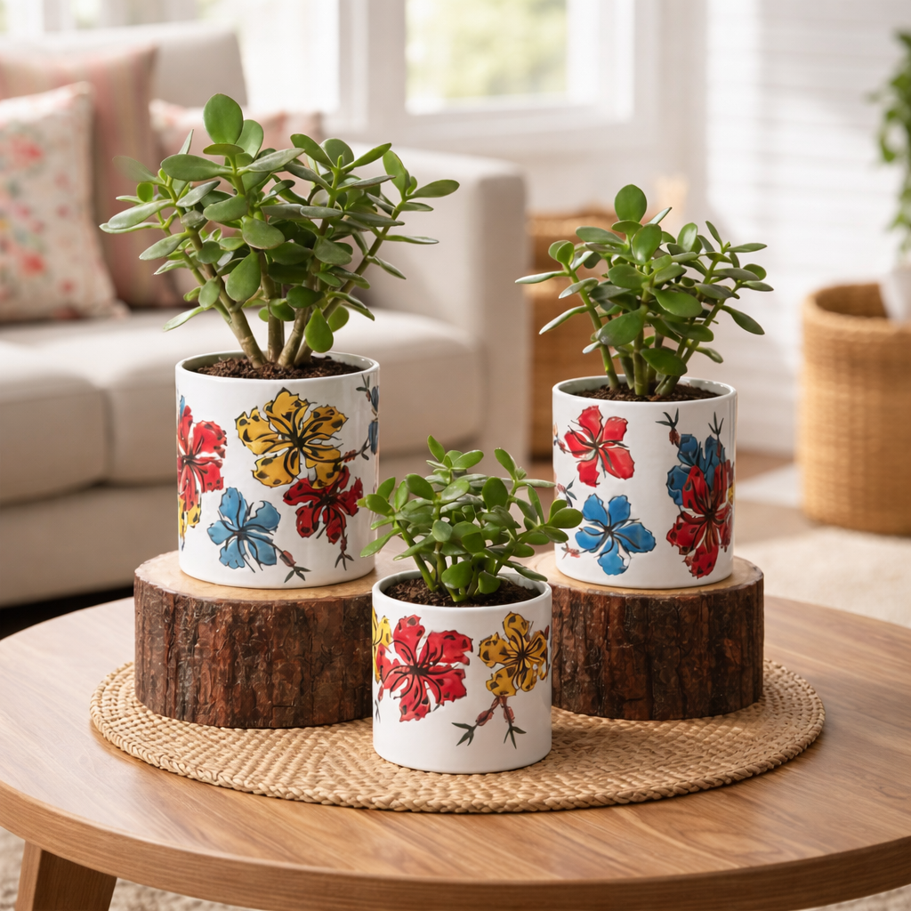 Three hand-painted floral ceramic planters with jade plants displayed on wooden stands on a living room coffee table in natural light.
