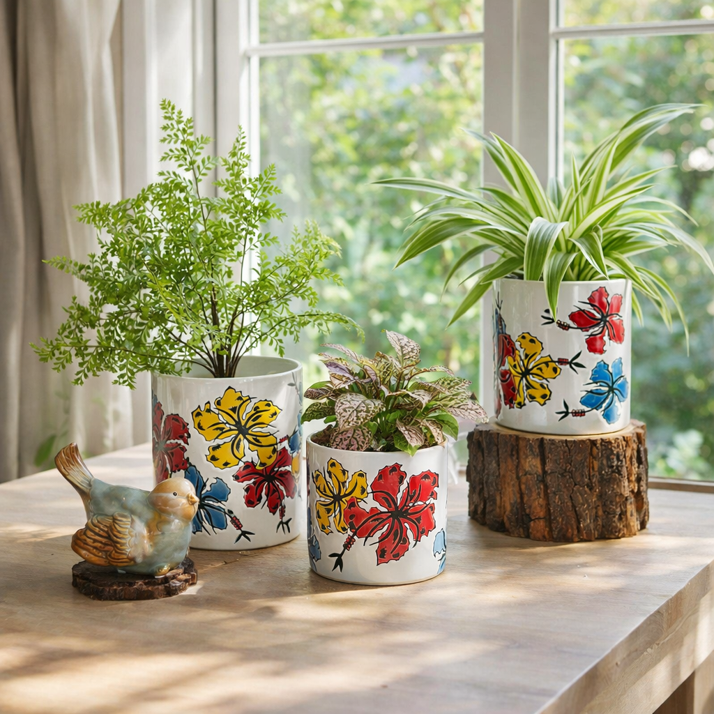 Hand-painted ceramic floral planters with natural indoor plants styled on a wooden tabletop in natural sunlight.