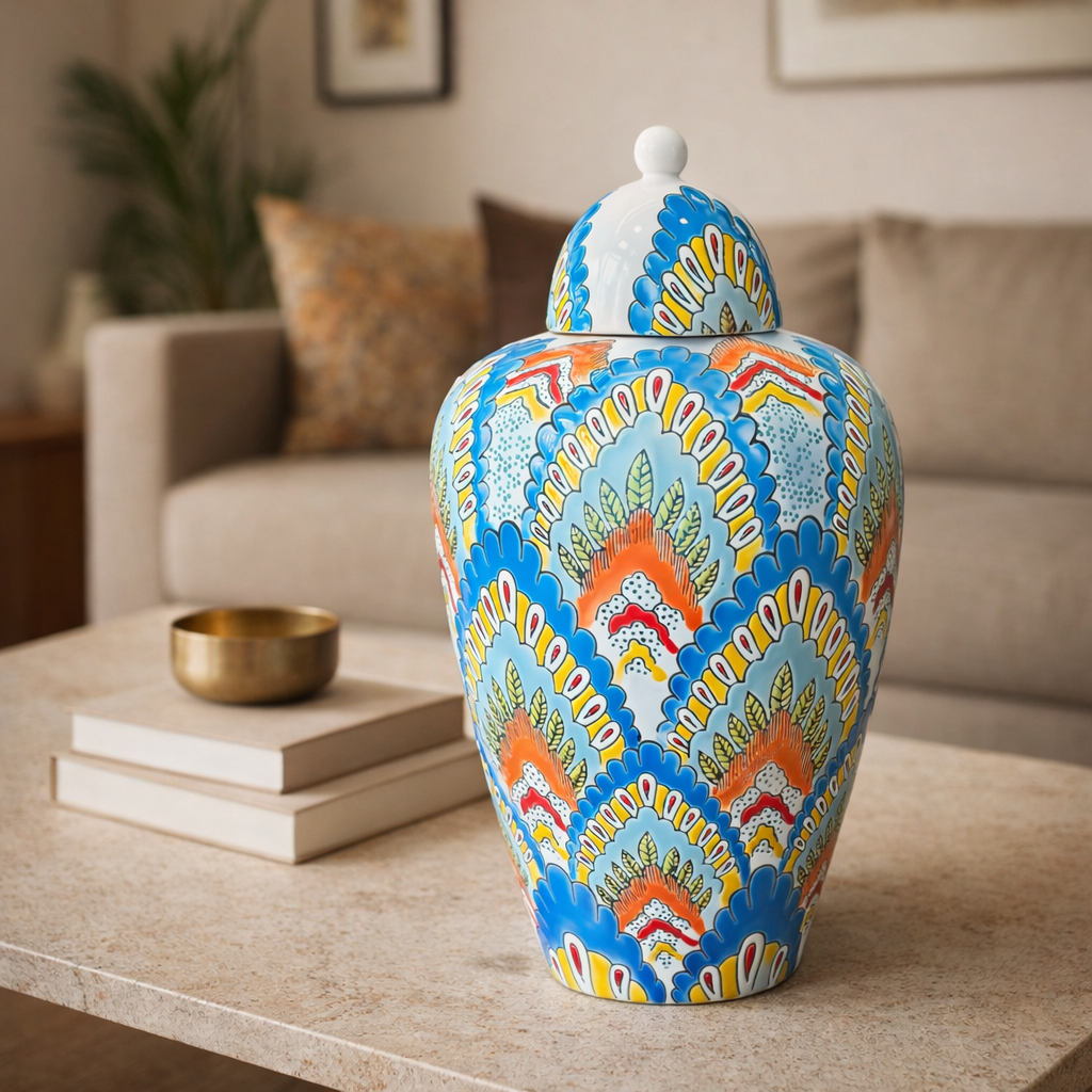 Hand-painted ceramic ginger jar with vibrant blue, orange, and yellow floral patterns placed on a beige stone coffee table in a modern living room setting.