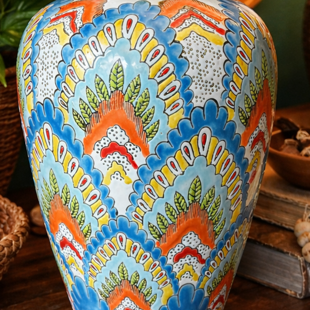 Close-up detail of a hand-painted ceramic ginger jar featuring vibrant blue, orange, yellow, and green floral and scalloped patterns with intricate dotted accents and glossy finish.