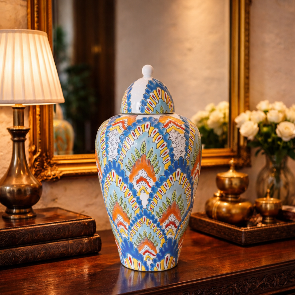 Hand-painted colorful ceramic ginger jar placed on a carved dark wooden console table with a gold framed mirror behind, styled in an elegant luxury entryway setting with warm ambient lighting.