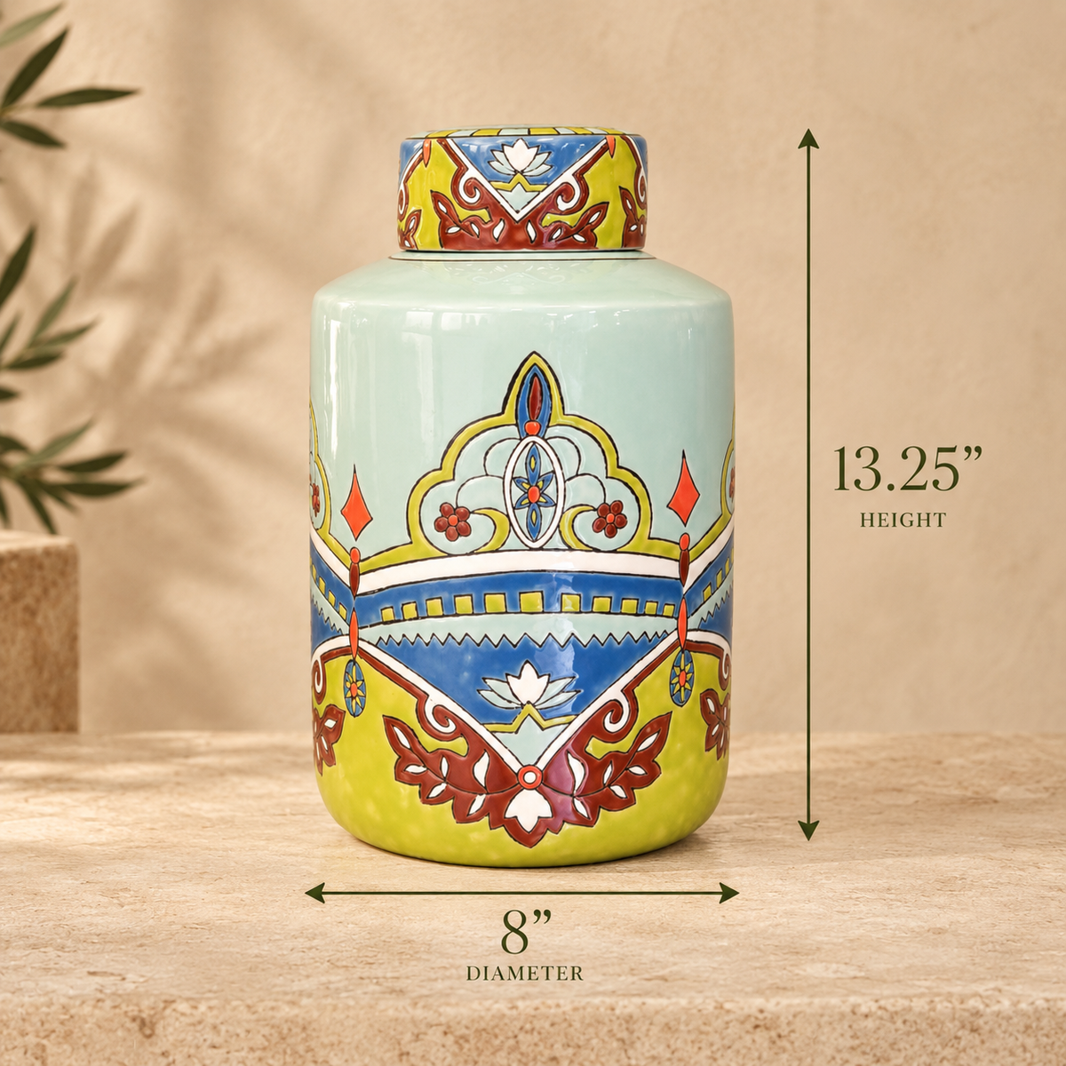 Hand-painted ceramic ginger jar with colorful floral artwork, measuring 13.25 inches high and 8 inches in diameter, luxury decorative storage jar for home décor.