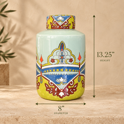 Hand-painted ceramic ginger jar with colorful floral artwork, measuring 13.25 inches high and 8 inches in diameter, luxury decorative storage jar for home décor.