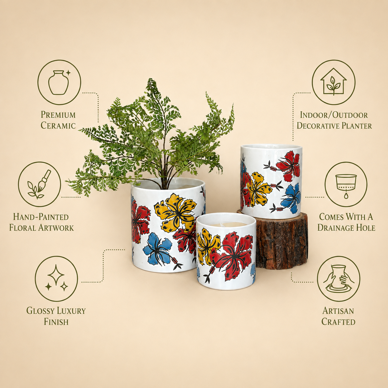 Premium ceramic planter set featuring hand-painted floral artwork, glossy finish, drainage hole, artisan craftsmanship, and decorative indoor/outdoor use.