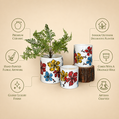 Premium ceramic planter set featuring hand-painted floral artwork, glossy finish, drainage hole, artisan craftsmanship, and decorative indoor/outdoor use.