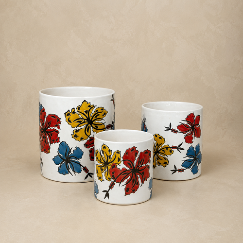 White Floral Ceramic Planter - Set of 3