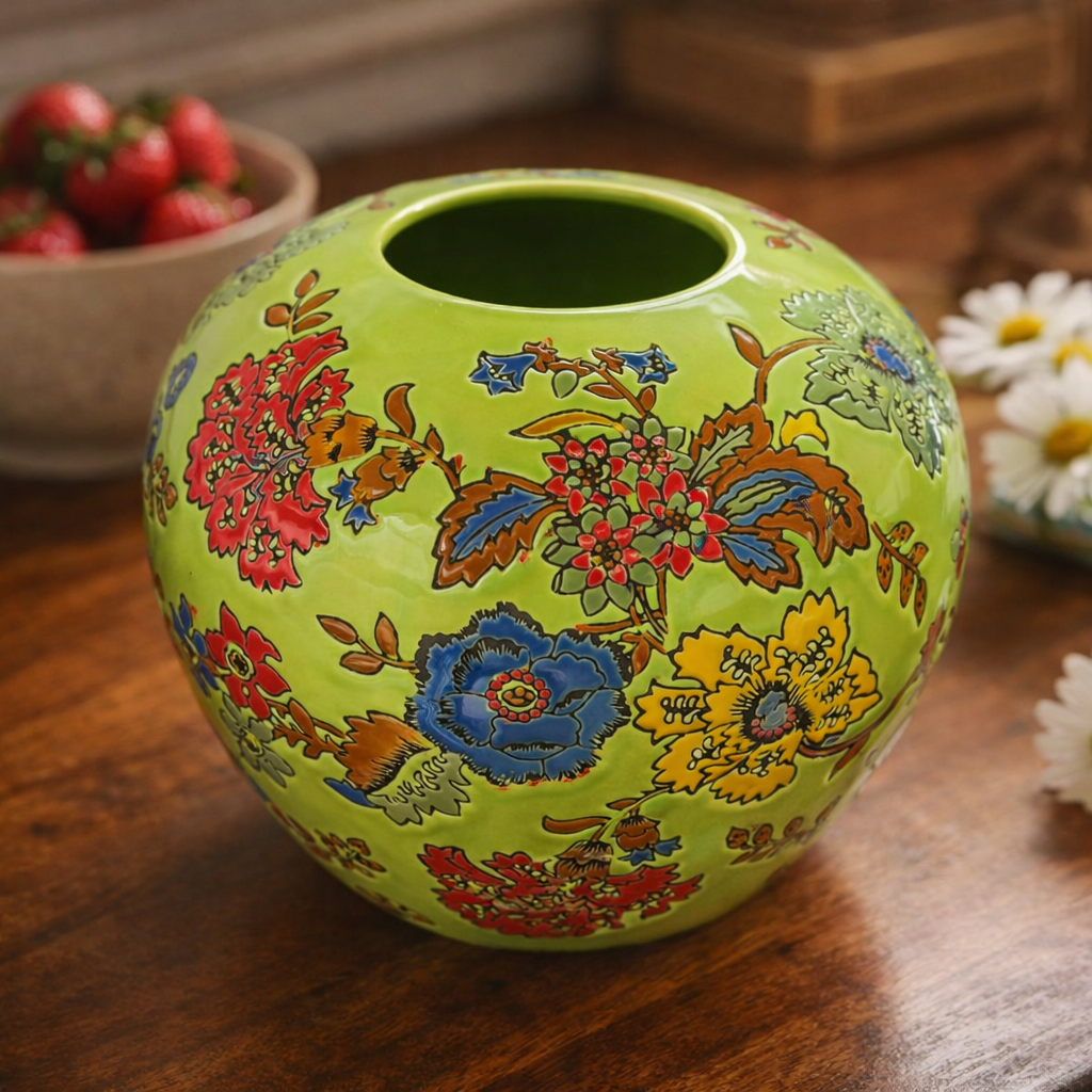 Close-up lifestyle image showing intricate hand-painted floral detailing on a green ceramic decorative vase placed on a wooden table.