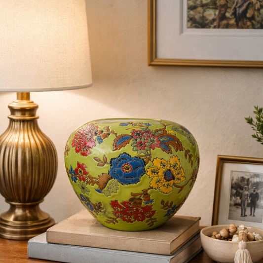 Hand-painted floral ceramic vase placed on stacked books on a wooden side table with a brass lamp in a cozy living room setting.