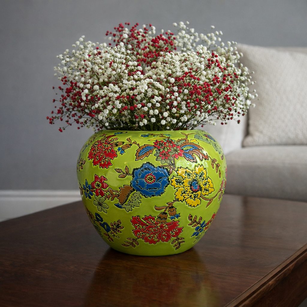 Hand-painted green floral ceramic vase with white and red baby’s breath flowers placed on a dark polished wood coffee table against a grey wall.