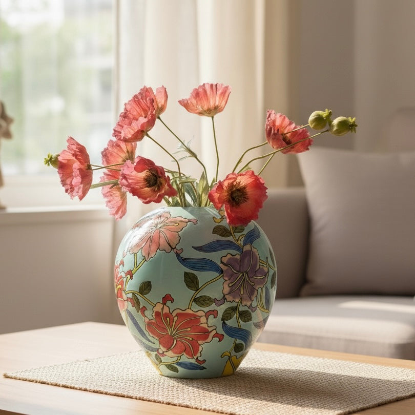 Premium handpainted floral ceramic vase styled with pink poppies on a wooden coffee table in a bright living room.