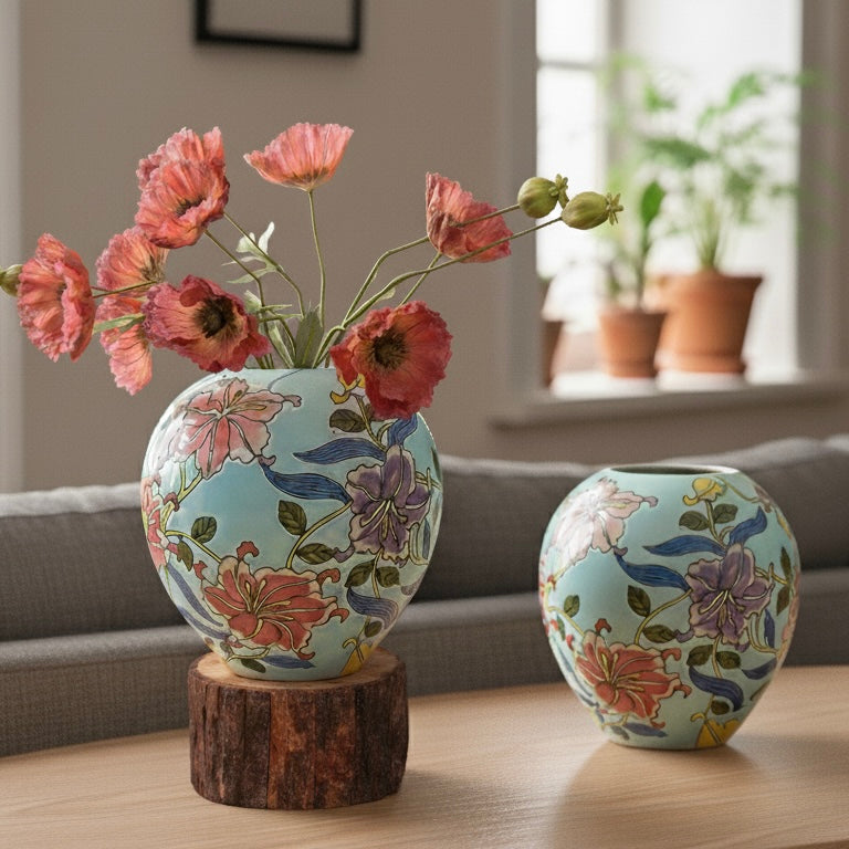 Two sizes of handpainted floral ceramic jars displayed on a wooden stand and table, showcasing premium home decor.