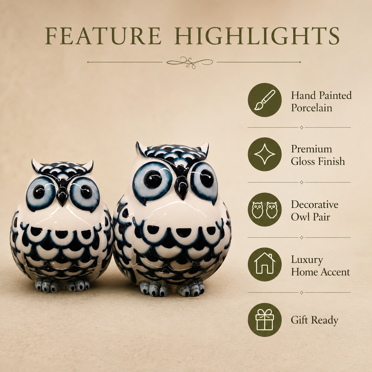 Feature highlights infographic of a hand-painted porcelain owl figurine pair with premium gloss finish, decorative owl design, luxury home accent styling, and gift-ready presentation on a warm beige editorial background.
