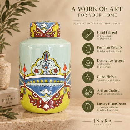 Hand-painted premium ceramic decorative jar with gloss finish, artisan craftsmanship, and luxury home decor feature highlights infographic by Inara Home Decor.