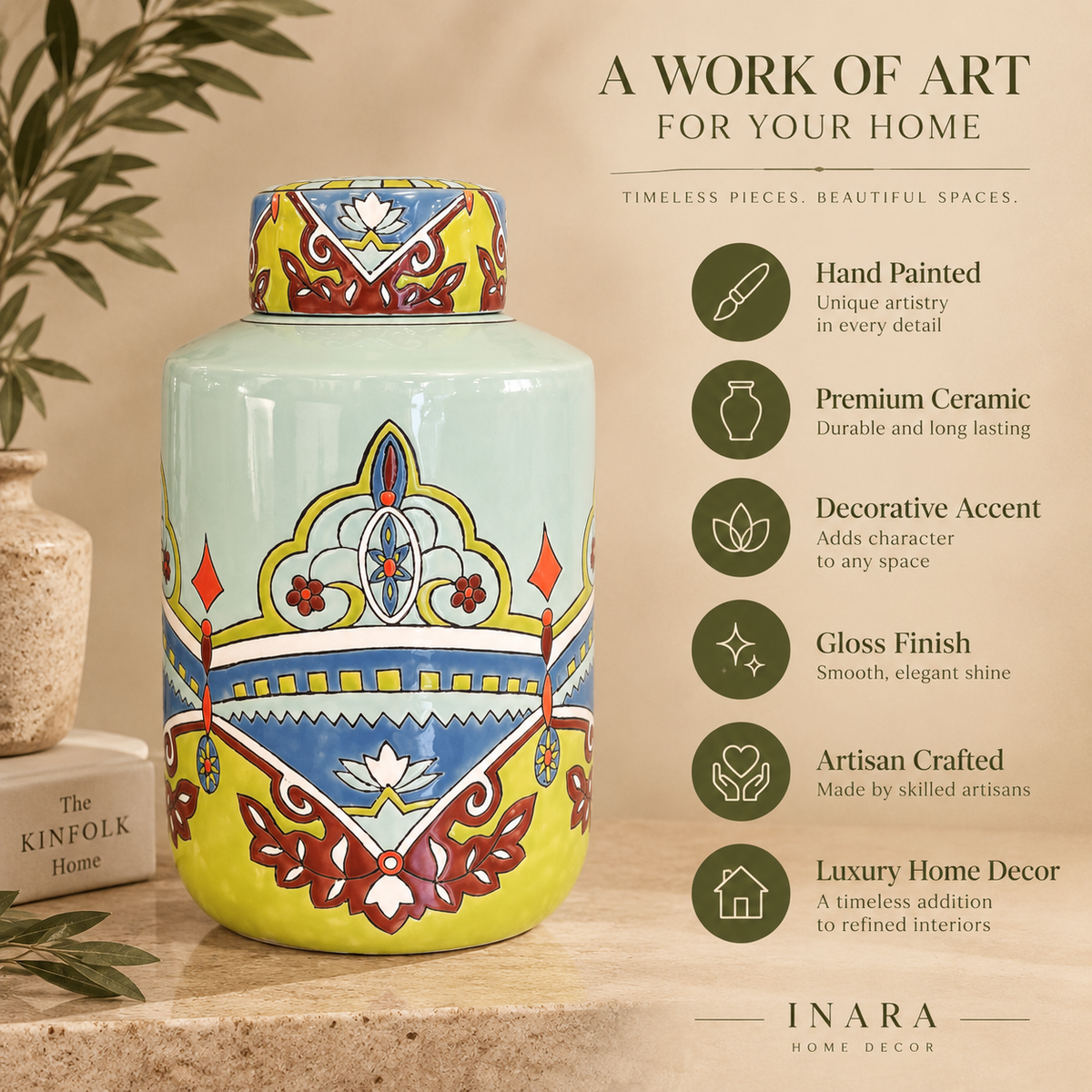Hand-painted premium ceramic decorative jar with gloss finish, artisan craftsmanship, and luxury home decor feature highlights infographic by Inara Home Decor.