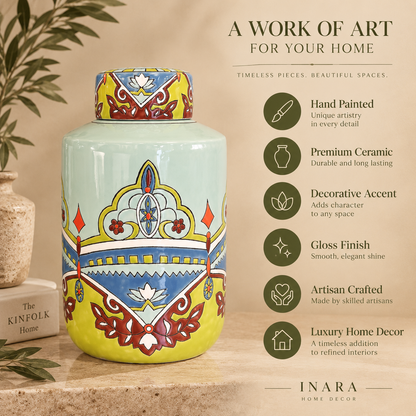 Hand-painted premium ceramic decorative jar with gloss finish, artisan craftsmanship, and luxury home decor feature highlights infographic by Inara Home Decor.