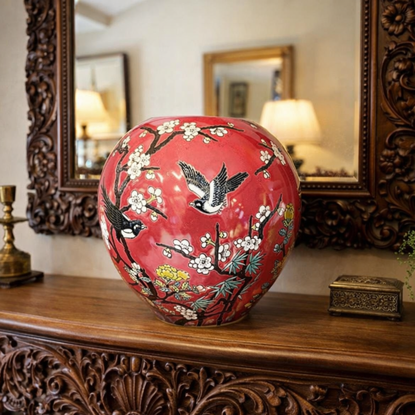 Hand-painted red ceramic vase with cherry blossom branches and flying bird detailing, styled on an ornate wooden console table with decorative mirror, elegant luxury home décor accent.