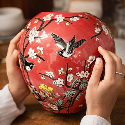 Hand-painted red ceramic vase with cherry blossom branches and flying birds, shown in lifestyle setting highlighting intricate floral and bird detailing, premium decorative home décor piece.