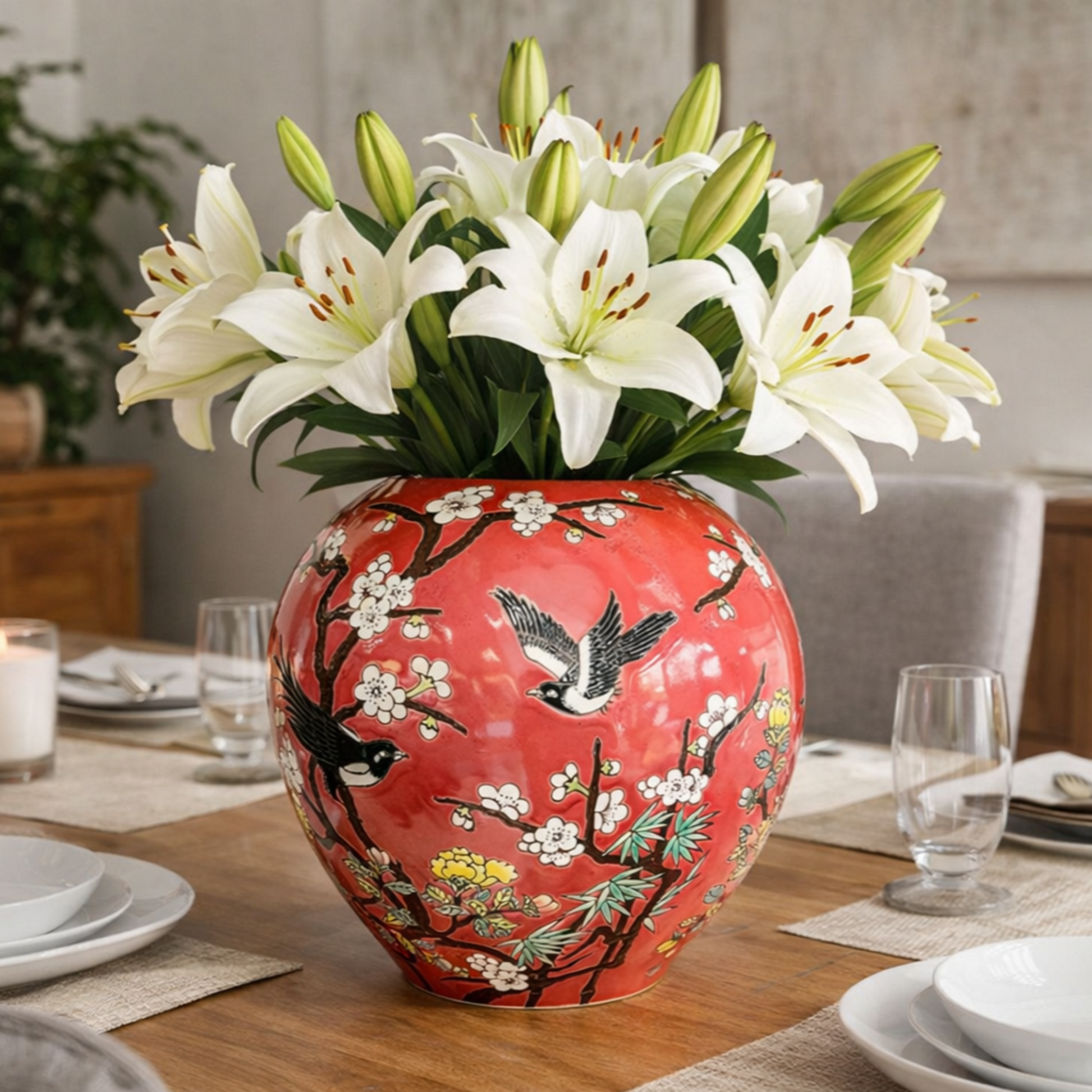 Hand-painted red ceramic vase with cherry blossom and bird detailing, styled with white lilies on a wooden dining table, elegant home décor centerpiece for modern interiors.