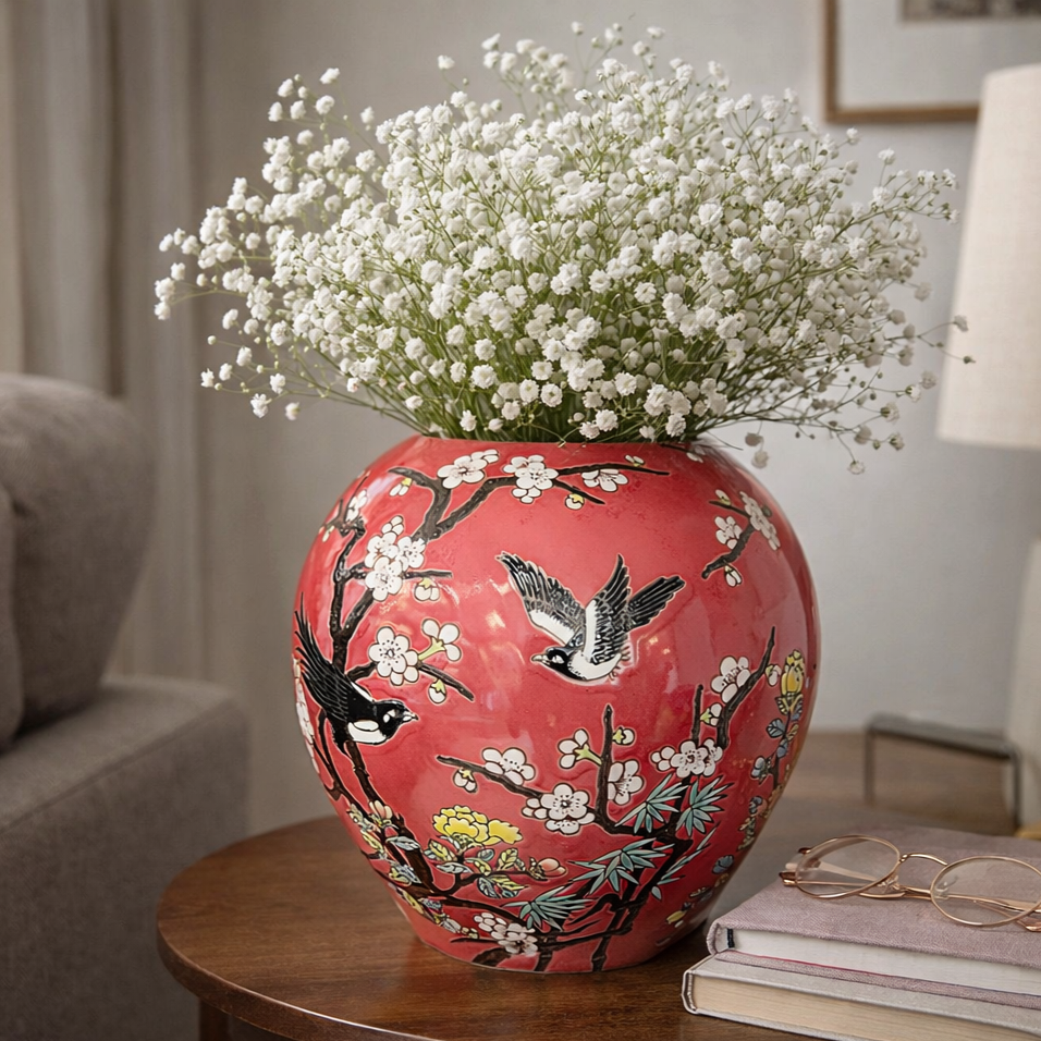 Hand-painted red ceramic vase with cherry blossom and bird detailing, styled with white baby’s breath flowers on a wooden side table, elegant living room home décor accent.
