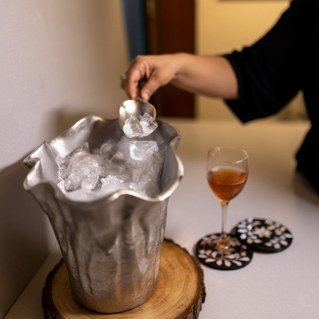 Handcrafted aluminium wine chiller filled with ice as a matching scoop adds fresh ice, styled in a luxury home setting with a wine glass.