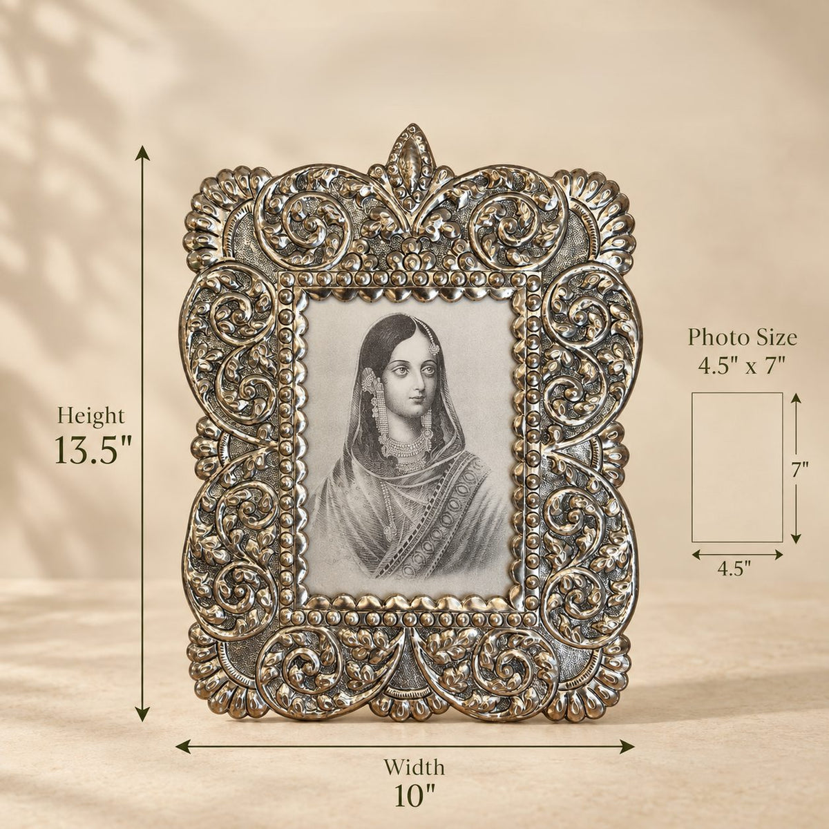 Antique silver photo frame size guide: 13.5 inches high, 10 inches wide, fits a 4.5 x 7 inch photo.