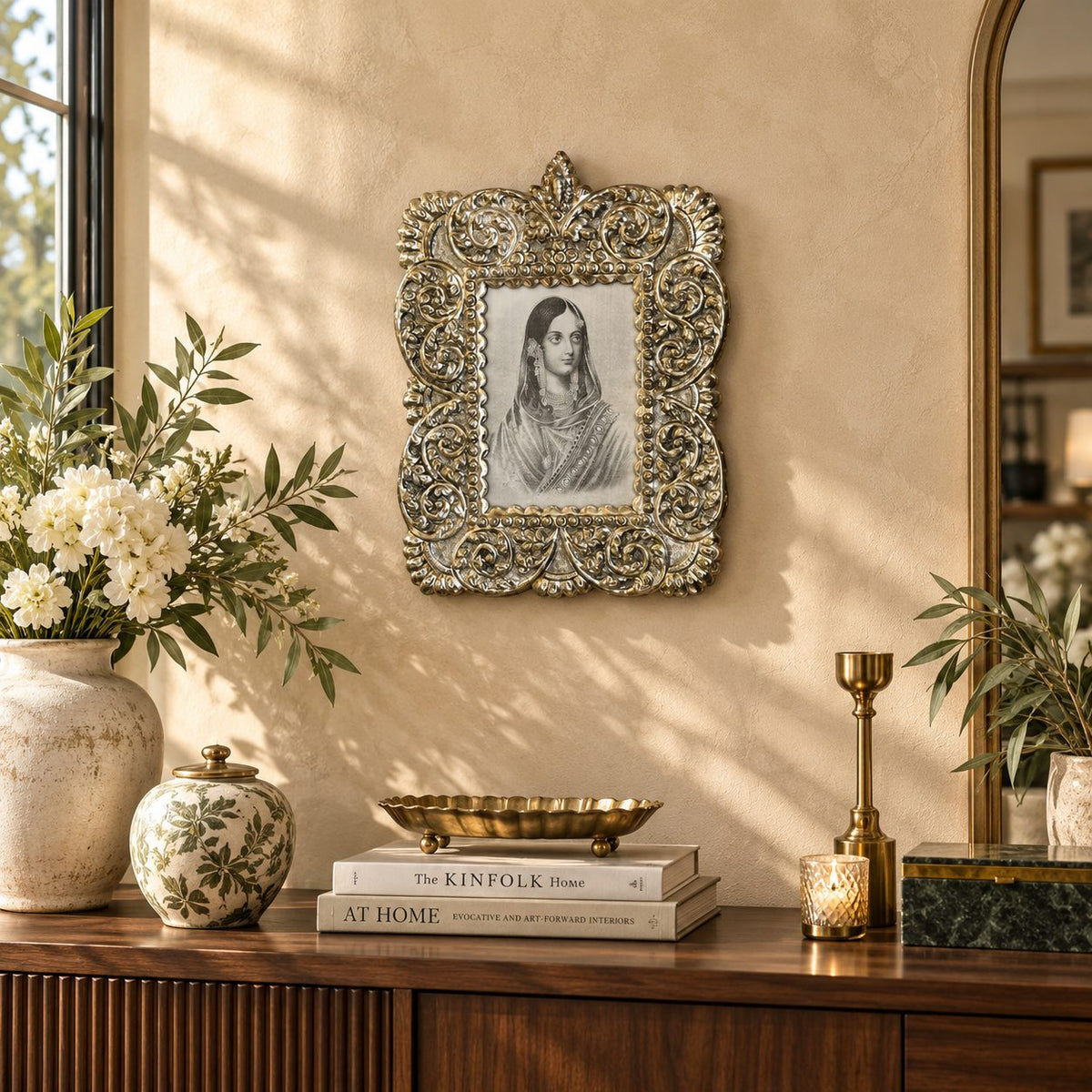 Antique silver photo frame hung on a beige wall above a console with vases and books.